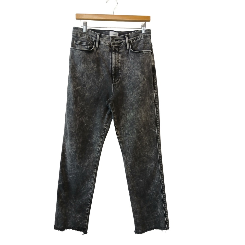 FRAME Le Sylvie Slender Straight High Rise Jeans Rockstar Acid Wash Grey Raw Hem